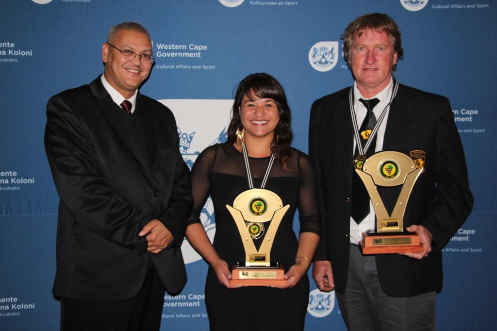 Advocate Lyndon Bouah from DCAS with the winners of the sportswoman and sportsman of the year categories, Kina Pietersen and Henri du Plessis