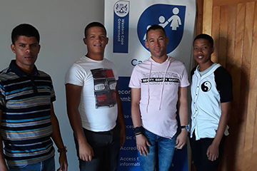 The Bitterfontein e-Centre staff, from left Keagan Benting (Development Manager), Pay Intern Franklin Fenskey, Aldo Owies (Centre Manager) and Pay Intern Heinrich Otta are ready to assist you. 