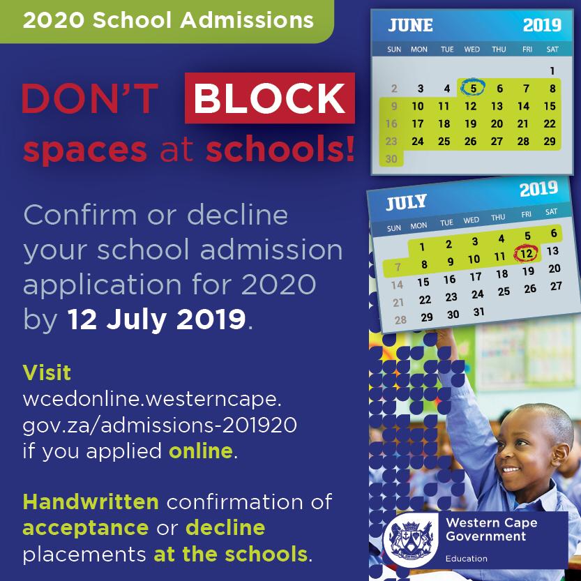 Admissions 2019/20 - Don't block spaces