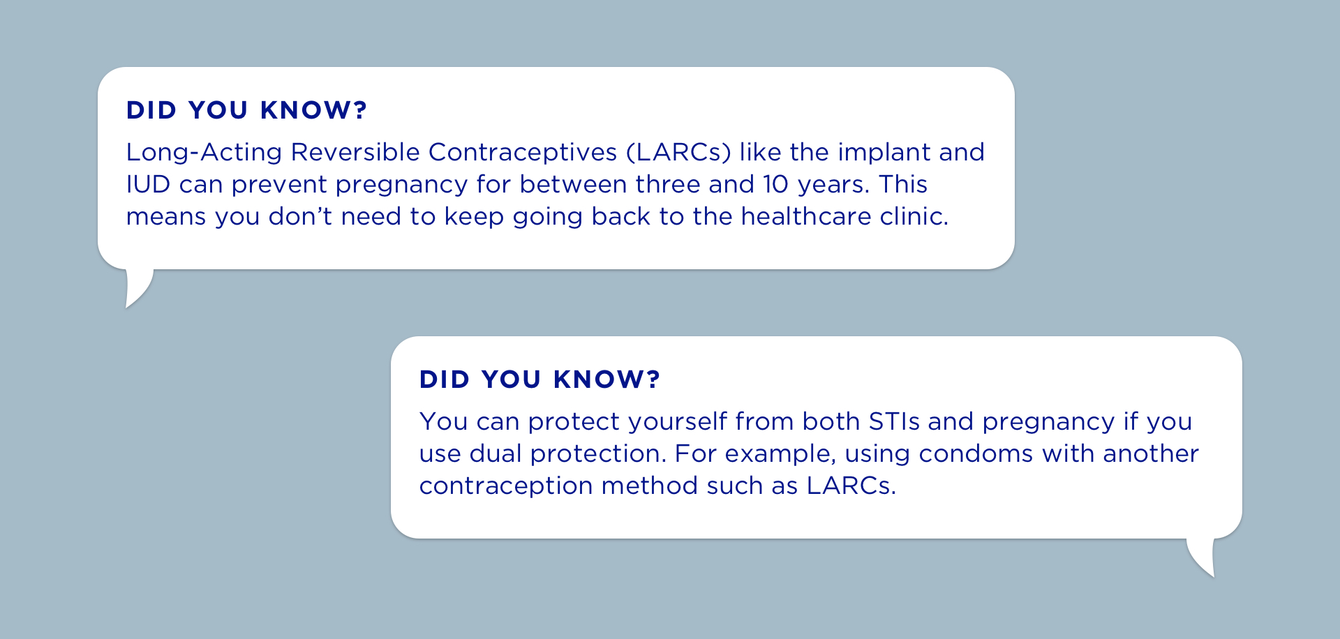 DID YOU KNOW? Long-Acting Reversible Contraceptives (LARCs) like the implant and IUD can prevent pregnancy for between three and 10 years. This means you don’t need to keep going back to the healthcare clinic.