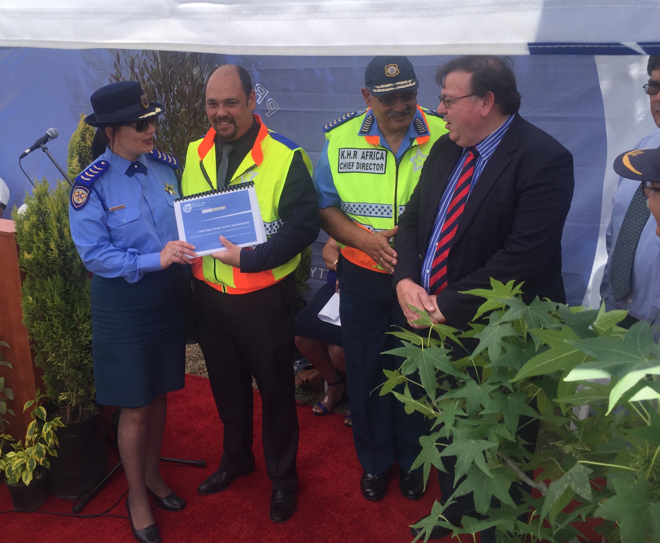 Minister Grant with Provincial Traffic Chief Kenny Africa and Head of Transport Management Branch, Adv. Kyle Reinecke at the launch of the 2016/2017 Western Cape Festive Season Traffic Operational Plan. 