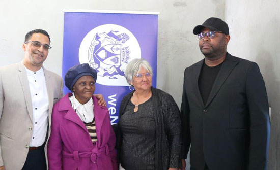 L-R: Provincial Minister of Infrastructure Tertuis Simmers, Mrs. Nolusapho Gaga (beneficiary), Councillor Joan Woodman and MMC Councillor Malusi Booi.