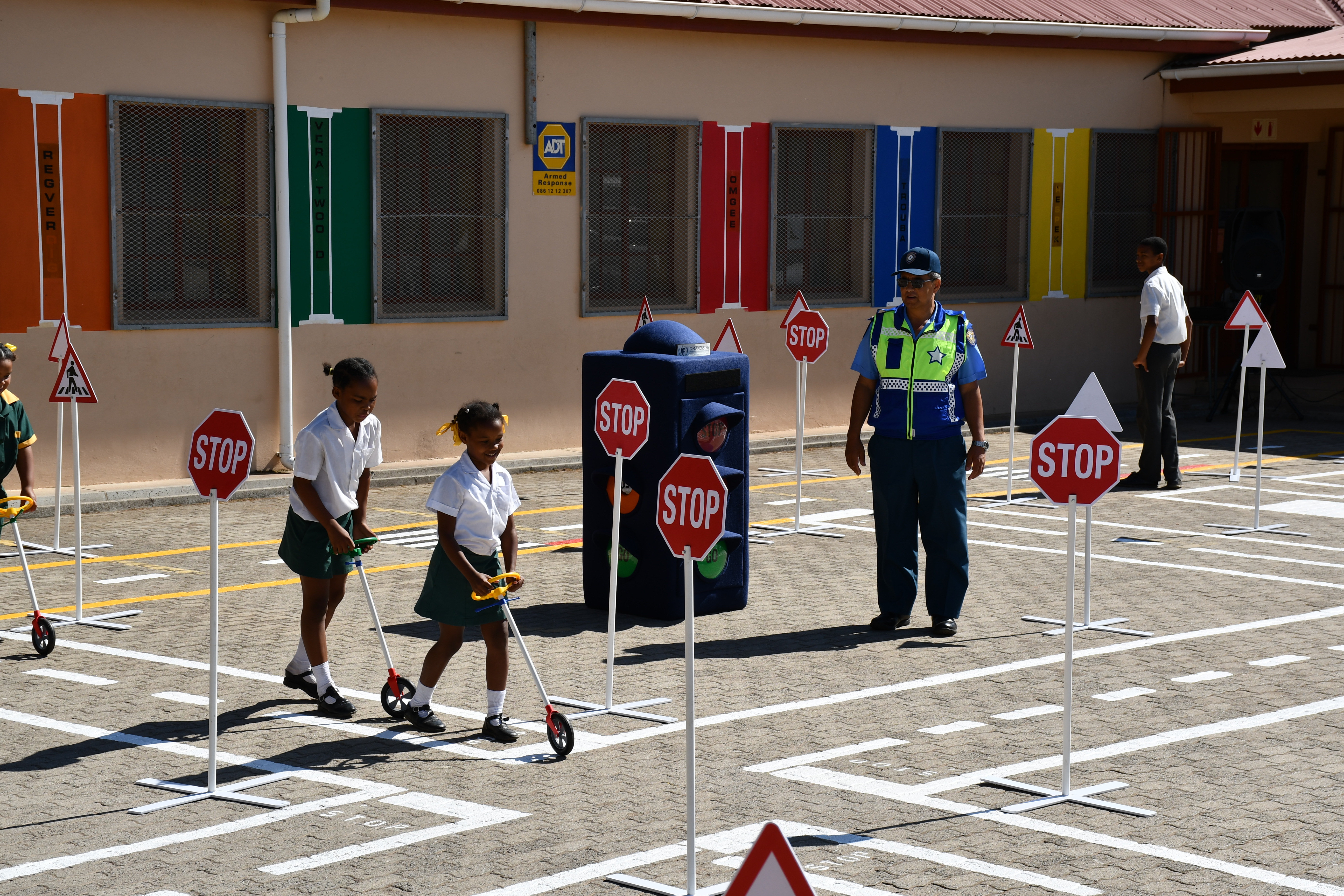 Grade 3 learners at the Simondium Primary School taking part in a road safety education demonstration at the opening of the Junior Traffic Training Centre (JTTC) at the school.