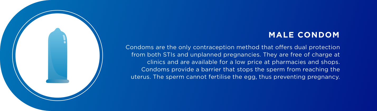 MALE CONDOM Condoms are the only contraception method that offers dual protection from both STIs and unplanned pregnancies. They are free of charge at clinics and are available for a low price at pharmacies and shops. Condoms provide a barrier that stops 