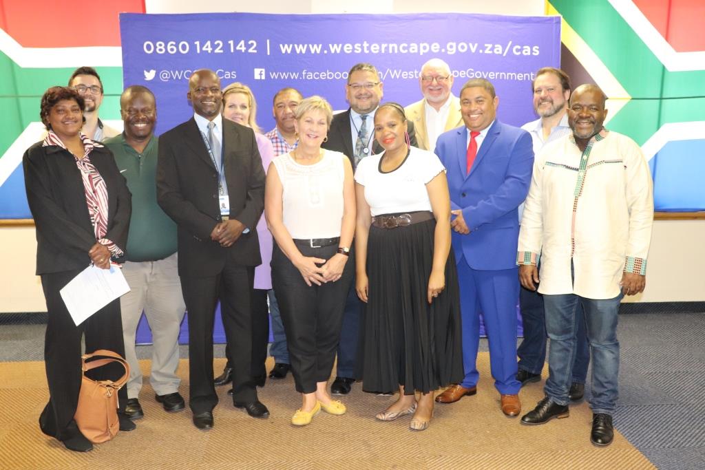 Minister Anroux Marais, DCAS HOD Brent Walters, WCPGN and ex-officio members with DCAS staff at the inauguration at Head Office in Cape Town