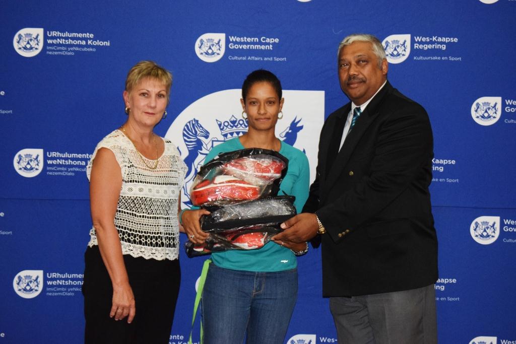 Minister Marais and Mayor Harold Cleophas handing over sporting equipment to the Moorreesburg Kickboxing Club.
