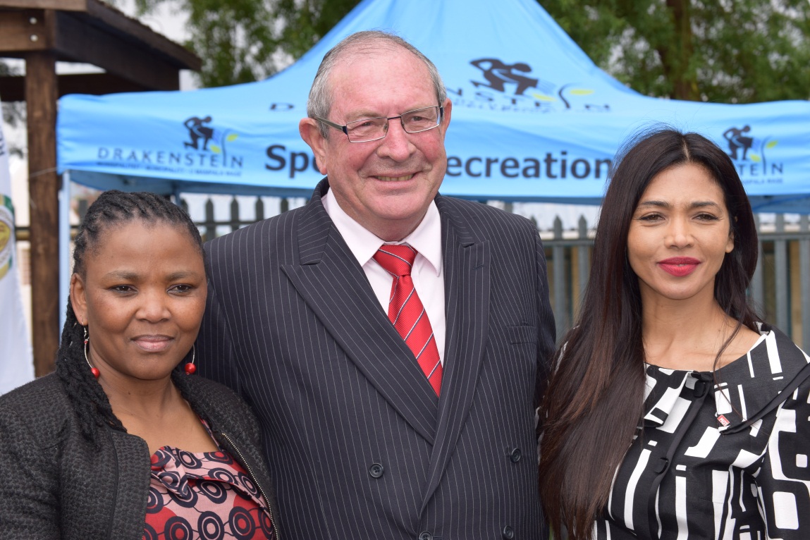 Minister Nomafrench Mbombo with Councillor Dr Lourens du Toit and Natalie Becker