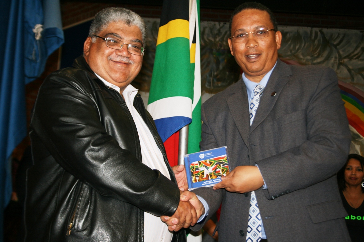 Mr Norman Cloete (principal of Weston High School) and Dr Ivan Meyer at the National Anthem CD handover ceremony.