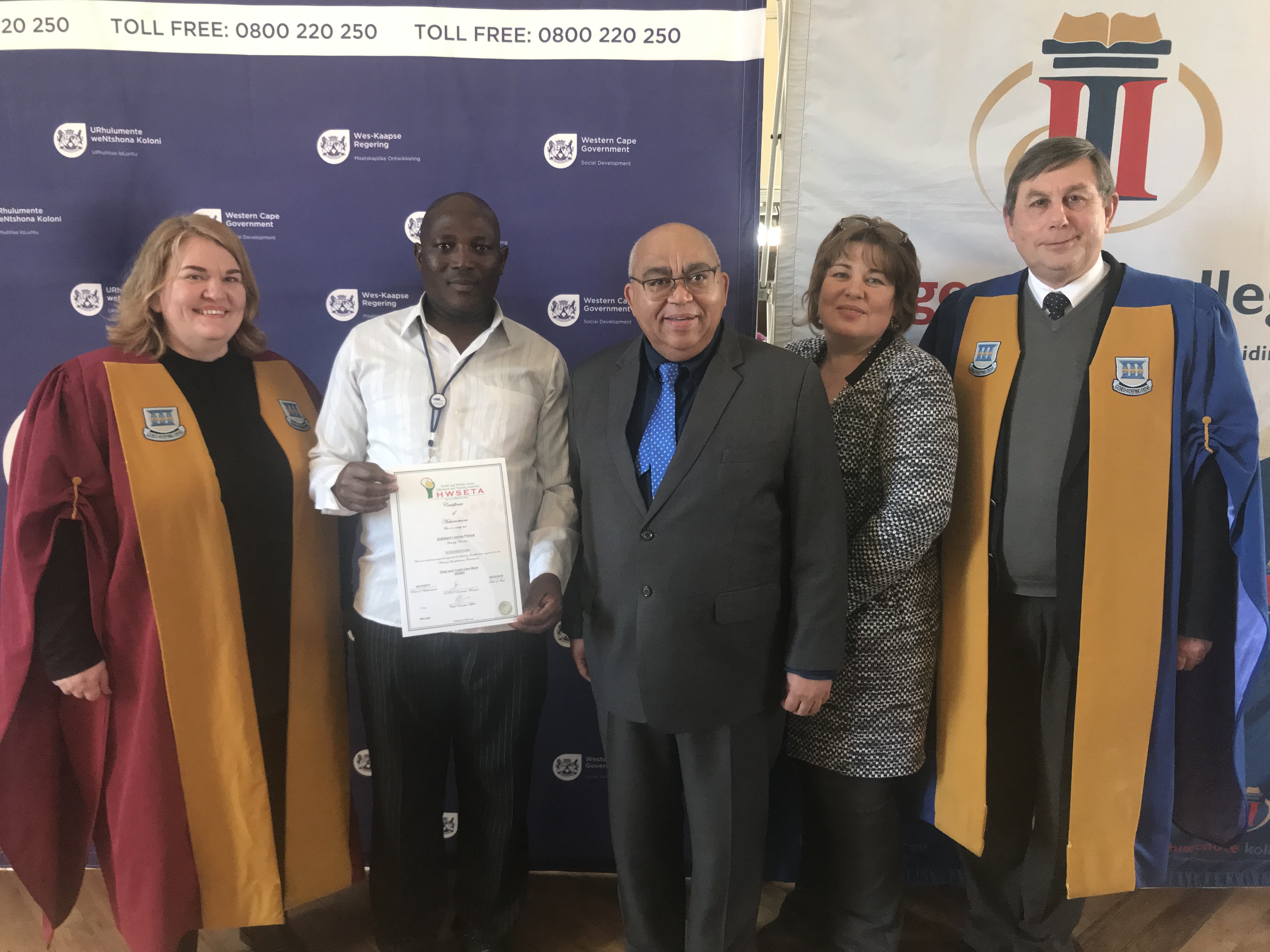 Nadia von Vielligh (Hugenote Kollege), Mr. Zukisani Panya (graduate who was a groundskeeper and now is a CYC worker), Minister Fritz, Leana Goosen (DSD Head of Facilities), Rev. Willie vd. Merwe (Rector of Hugenote Kollege)