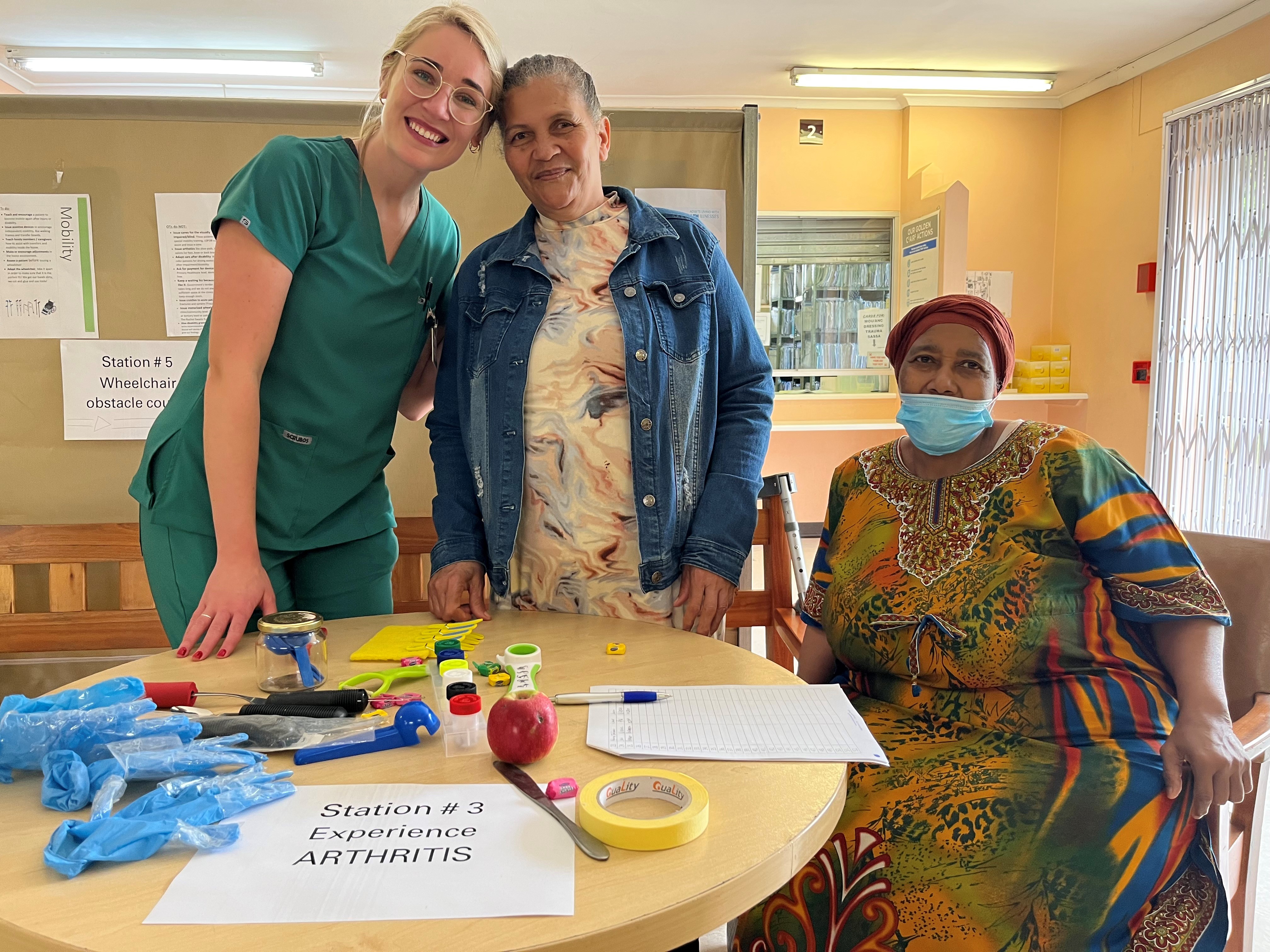 Bellville South OT Heidi Gouws pictured with patients Rachel Davids and Safieja Cloete at the “arthritis experience station” at Kraaifontein CHC.​​