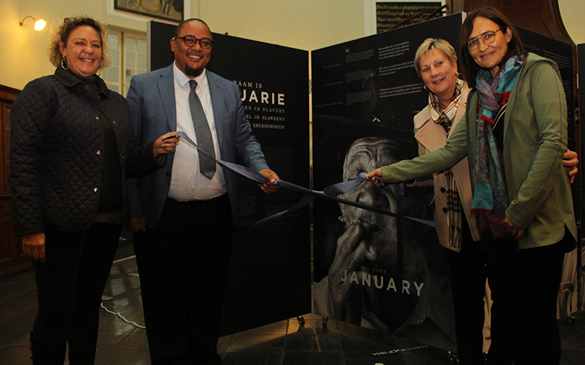 Poet Khadija Heeger, DCAS Chief Director for Cultural Affairs guy Redman, Minister Anroux Marais and Curator Siona O'Connel officially open the 'My name is February' exhibition at the Sendinggestig Museum in Cape Town