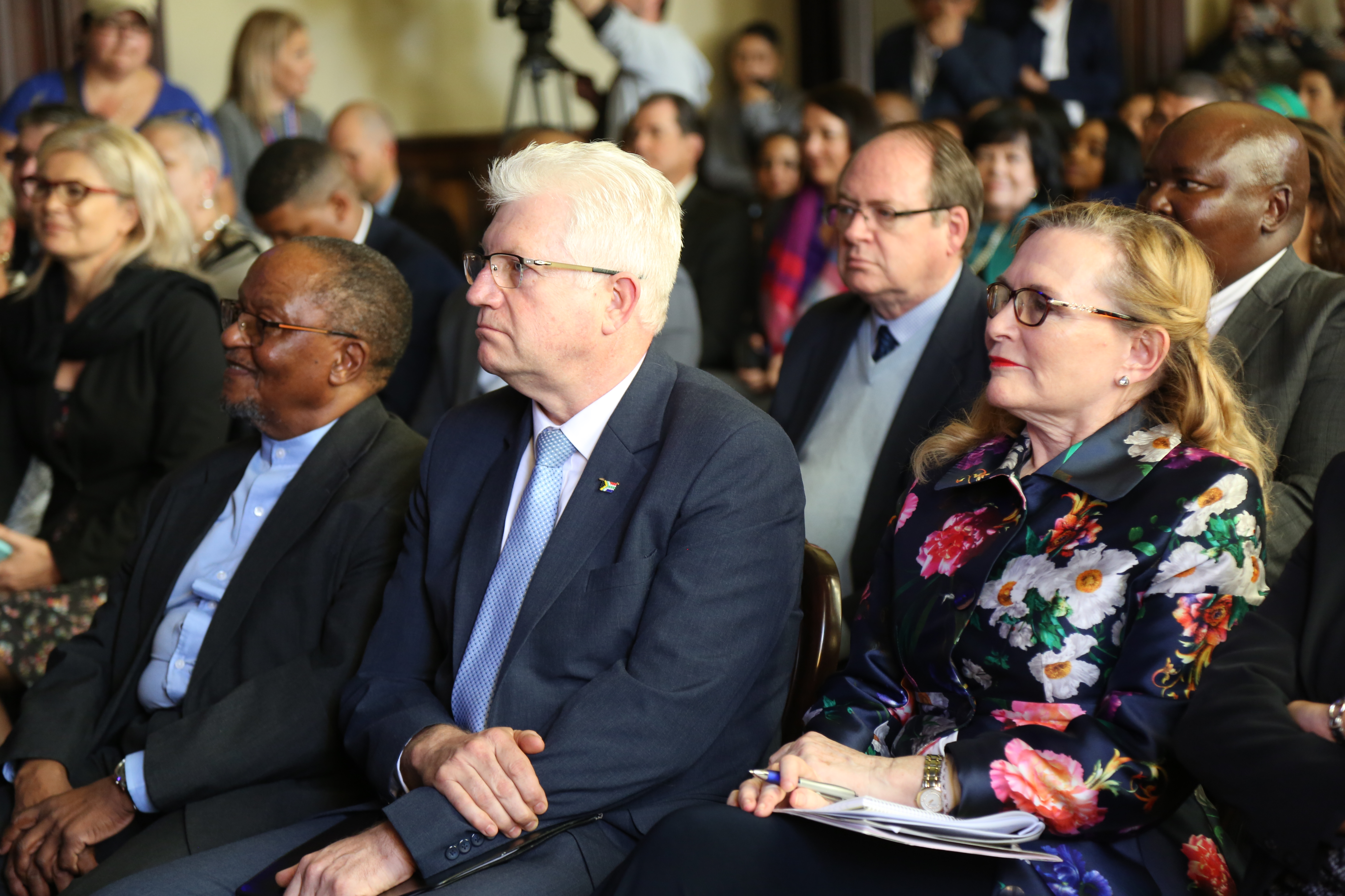 Professor Njabulo Ndebele, Minister Alan Winde and Premier Helen Zille at the Nelson Mandela statue unveiling