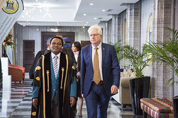Premier Alan Winde and Speaker of the Provincial Parliament Masizole Mnqasela on their way to the Chamber where the State of the Province Address is delivered.