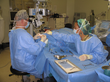 Dr Klaas Stempels and Sister Rochelle Isaacs conducting cataract surgery on Ms Irene Lottering in George.