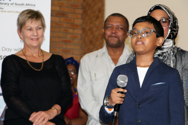 Amr Salie gave an inspirational talk about books and how they changes his life while Minister Anroux Marais looked on