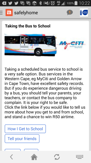 Screenshot of the Safely Home Mxit App.
