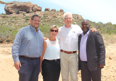 Brent Walters, DCAS head of department, Minister Anroux Marais, Western Cape Premier Alan Winde and Dr Mxolisi Dlamuka stand in front of the Diepkloof Rock Shelter (top left) after Monday’s launch