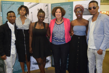 Charlene Houston (DCAS Museum Service) with Kuyakhanya Production at the launch of the SS Mendi exhibition at the Simon's Town Museum