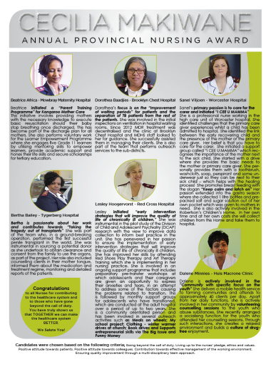 Profile of the Cecilia Makiwane Nursing Award (2015) nominees.