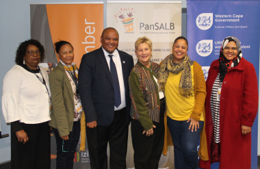 DCAS Head of Department Guy Redman (centre-right) and Minister Anroux Marais (centre-left) at the launch with Chief Director Carol van Wyk (second-left), Director Jane Moleleki (left) and staff from the Language unit.
