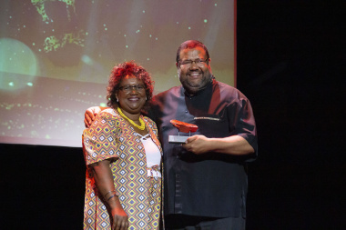 Director Jane Moleleki with Athol Williams, Winner for Contribution to Literary Arts at the Cultural Affairs Awards at Artscape