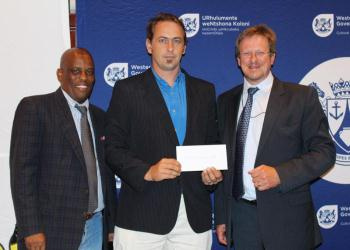 Director of DCAS Sport Promotion, Thabo Tutu, Karl Schneeberger from Overberg Gymnastics and Minister of Cultural Affairs and Sport, Theuns Botha