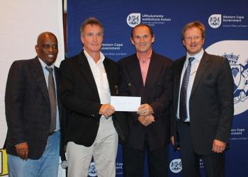 Director of DCAS Sport Promotion, Thabo Tutu, Ronnie Knott and Johan van Zyl from Overberg Karate, and Minister of Cultural Affairs and Sport, Theuns Botha