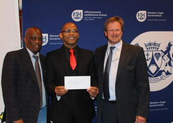 Director of DCAS Sport Promotion, Thabo Tutu, Rudi Johannes, Chairman of Overberg District Sport Council, and Minister of Cultural Affairs and Sport, Theuns Botha
