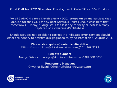 Final call for ECD Stimulus Employment Relief Fund verification