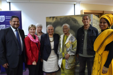 HOD Brent Walters, Minister Anroux Marais, Chief Director Hannetjie du Preez and Director Nikiwe Momoti with friends and family members of Dulcie September