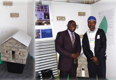 Minister Madikizela with inventor of the Prickly Pear Brick, Vusumzi Makhatshana. The model on the left is built with this brick.