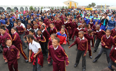 Hundreds of learners engaged in the mass aerobics session.