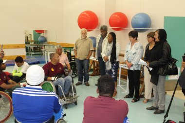 Western Cape Minister of Health, Dr Nomafrench Mbombo addresses members of the Western Cape Wheelchair Rugby team while attending the stroke awareness roundtable hosted at the Western Cape Rehabilitation Centre (WCRC) in the lead up to World Stroke Day, o