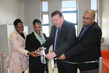 : Thandeka Gqada (Member of Parliament), Dr Nomafrench Mbombo, Minister Donald Grant and Dr Michael Phillips (Head of Khayelitsha Eastern Substructure Office)