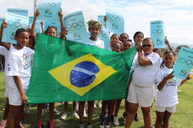 Learners from Devon Valley Primary School representing Brazil during the Olympic Day March Past.