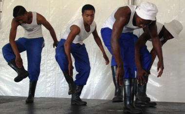 Learners from Villiersdorp High School performing a traditional gumboot dance.