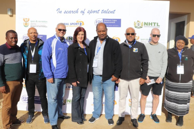 Mayor Christelle Vosloo, Cllr Ronald Brinkhuys and Dr Lyndon Bouah with key roleplayers at the opening of the Overberg RSDP Games