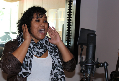 Michaela recording her demo album at Red Bull Studios.