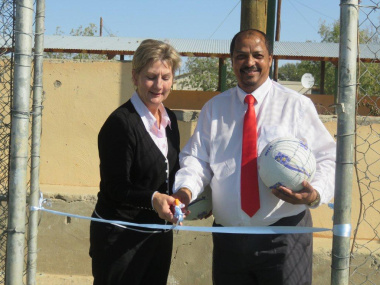 Minister Anroux Marais and Mayor Goliath Lottering open the tennis court facility