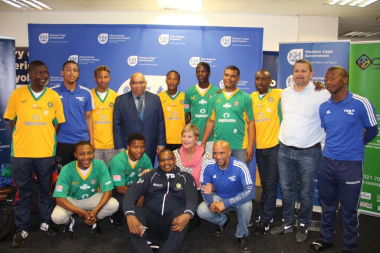 Minister Anroux Marais and Minister Albert Fritz with the SA Homeless World Cup Soccer Team.