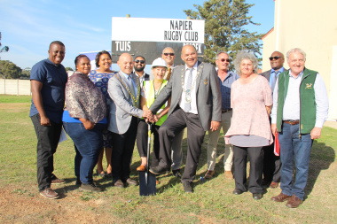 Minister Anroux Marais (centre) was present at the ceremonial sodturning of a new borehole in Napier on Tuesday