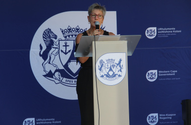 Minister Anroux Marais delivers the keynote address at Langa Pass Office.
