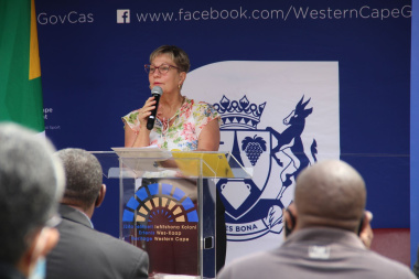 Minister Anroux Marais delivers the keynote address at the unveiling ceremoney of the Princess Vlei Provincial Heritage site plaque.