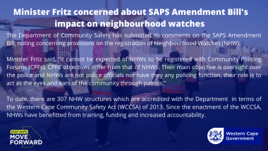 Minister Fritz concerned about neighbourhood watch amendments in SAPS Amendment Bill