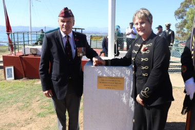 Minister Anroux Marais and MP Mark Wiley at the plaque that was unveilled during the ceremony on Signal Hill