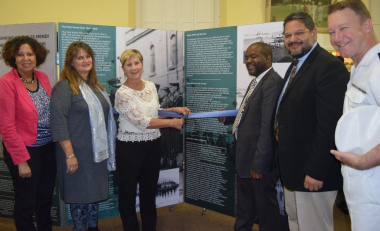 Minister Anroux Marais with Charlene Houston, Cathy Salter-Jansen, Mxolisi Dlamuka, HOD Walters and Commander Steyn at the launch of the SS Mendi exhibition at the Simon's Town Museum