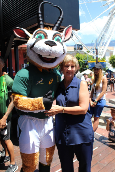 Minister Marais with the Springbok mascot Bokkie.