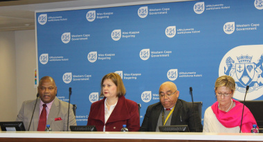 Ministers Dan Plato, Debbie Shäfer, Albert Fritz, and Anroux Marais jointly announcing a collective approach to keeping youth positively engaged during the winter school holidays.