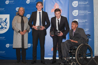 Nazema Ramjam from DCAS with nominees and winner of the School Sportsman of the Year category David Naude, Matthew Brooks (Winner) and Elverno Rossouw