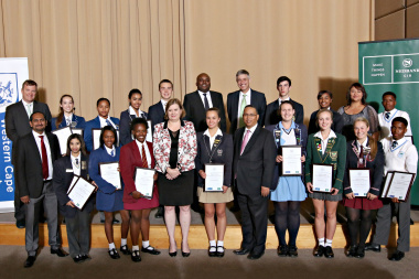 Representatives of Nedbank, the Western Cape Treasury and Education Department with fourteen of the fifteen Bursary Winners. 